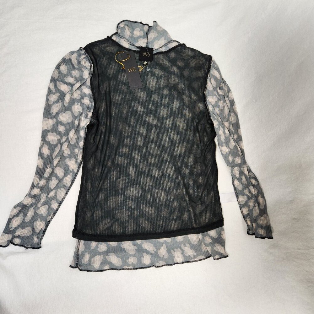 W5 Sheer Grunge Whimsigoth Black/Tan Leopard Print 3/4 Mock Neck Top Size S NEW! - Picture 9 of 15